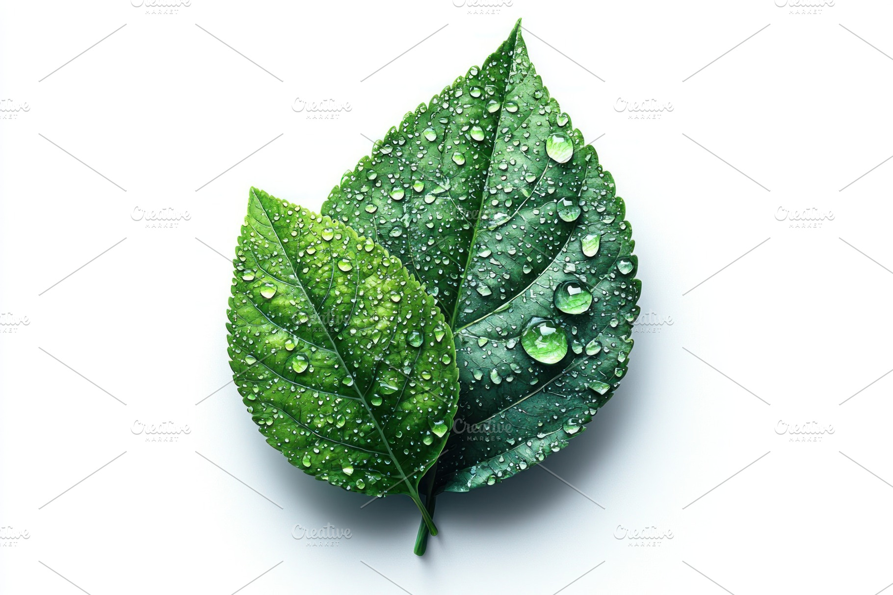 Two vibrant green leaves covered with water droplets isolated on, a Person Photo by José Manuel Gelpi