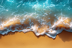 Top view of ocean waves washing over golden sandy beach with whi, a Person Photo by José Manuel Gelpi