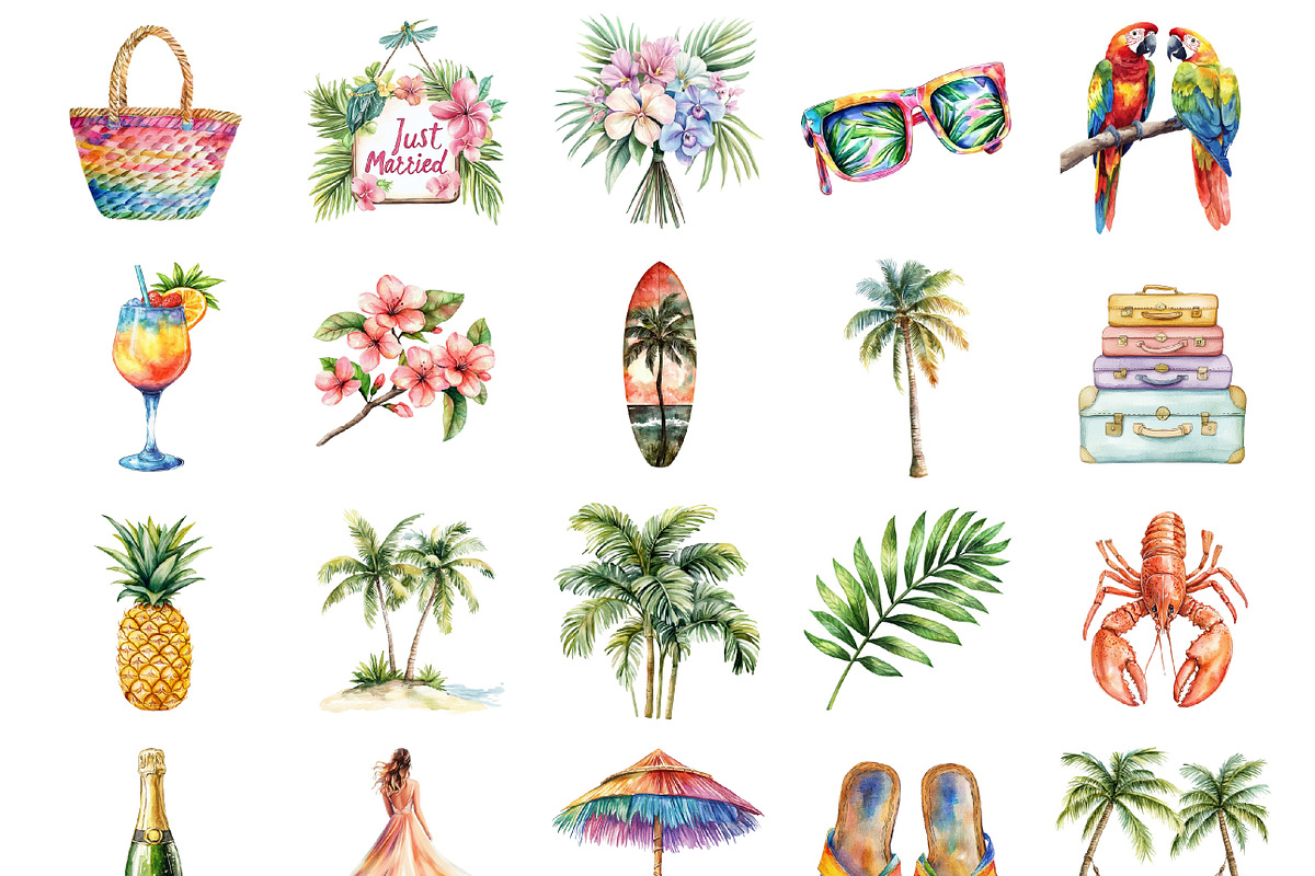 Watercolor Tropical Honeymoon Clipar, an Illustration by Design Market (Photo 2 of 3)