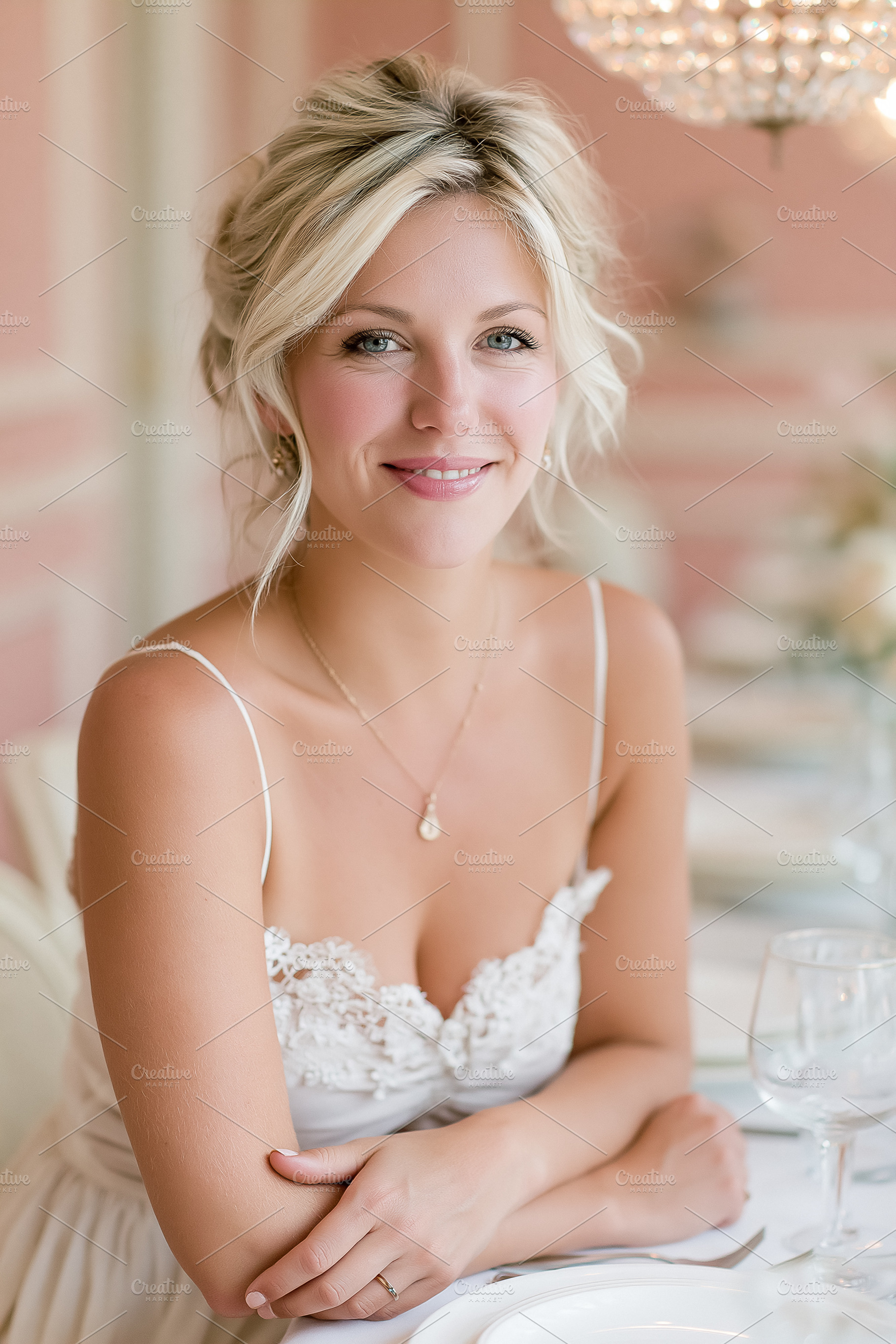 Elegant blonde woman smiling at a formal dinner, celebrating spe, a Person Photo by Studio ANNA