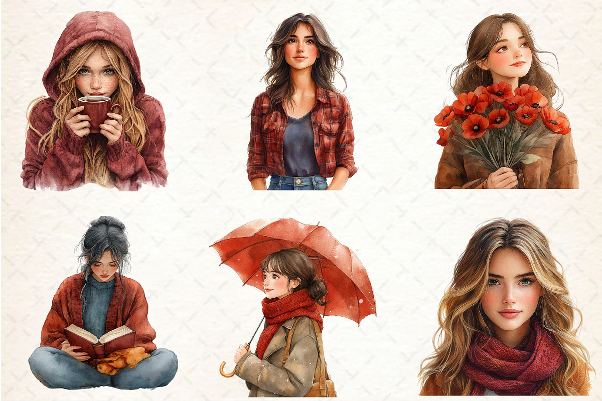 Burgundy Autumn Woman Clipart, an Illustration by Rose Art (Photo 3 of 4)