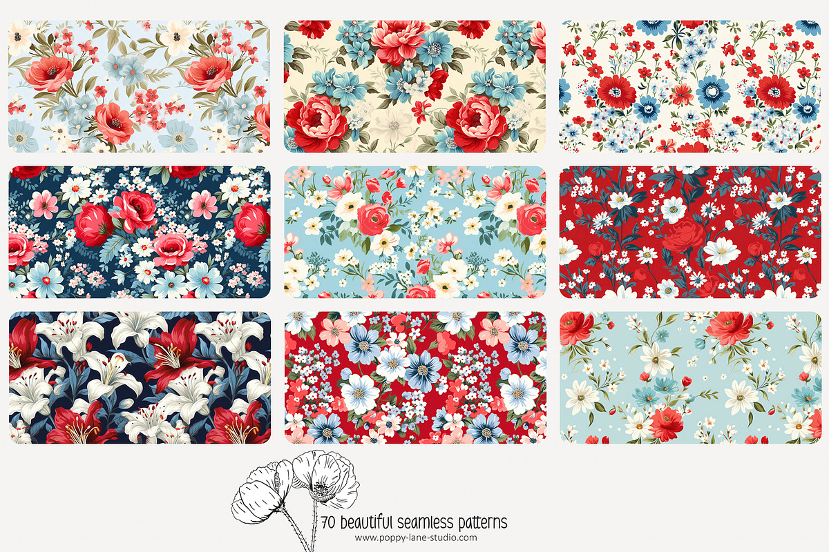 70 red/blue floral seamless pattern, a Pattern Graphic by Poppy Lane Studio (Photo 5 of 10)
