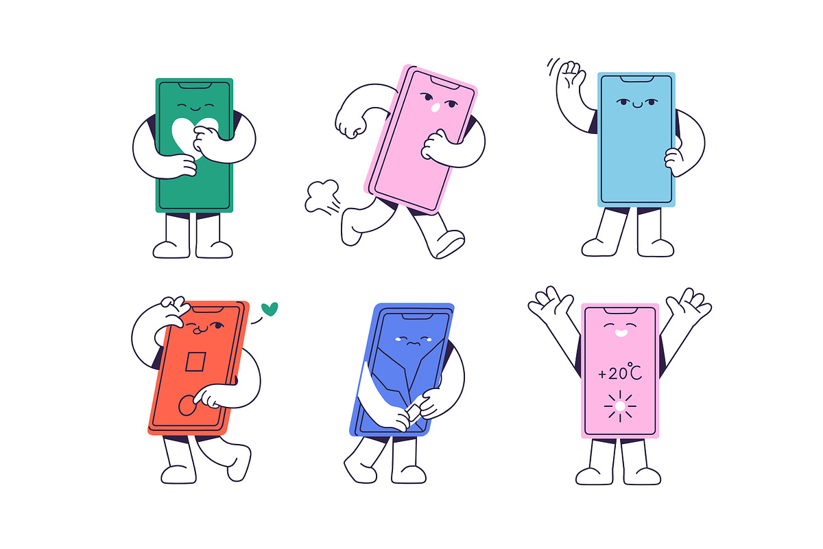 Cute smartphone mascots set, a Technology Illustration by PaperTrident (Photo 3 of 6)