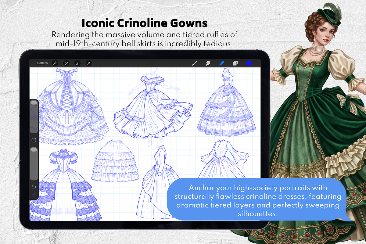 215 Victorian Dress Procreate Stamps, a Brush Add-On by Selentaori Studio (Photo 5 of 12)