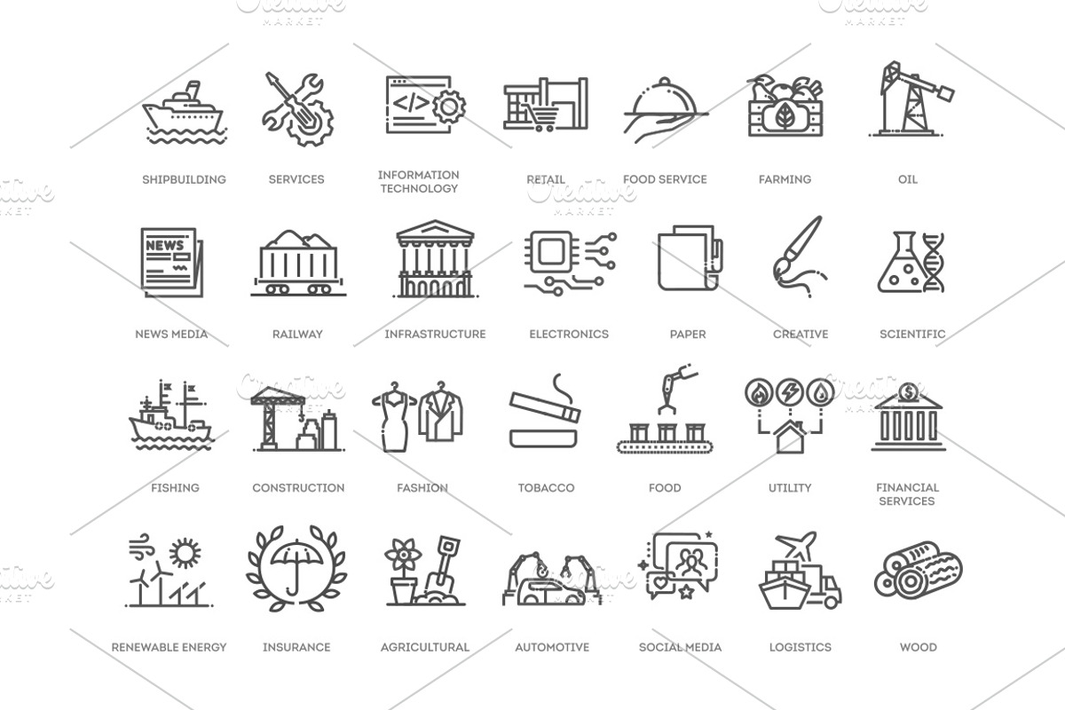 Types of Industries outline icons, an Outline Icon by Tettygreen (Photo 2 of 2)