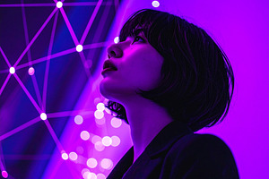 Young adult woman in a dark suit gaze upward a neural‐network, a Person Photo by DanFLCreativo