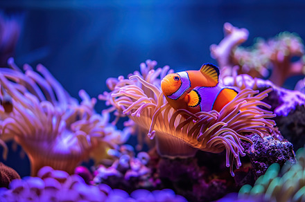Clownfish in aquarium with blue water and corals, an Animal Photo by AlyaAnd