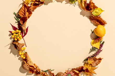 Autumn wreath flat lay. Dry autumn leaves, berries, fruits and f, a Holiday Photo by Natalia Klenova's Shop