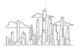 Big Future City Skyscraper Sketch High-rise Buildings. Hand Drawn Vector Stock Line Illustration. Modern Architecture Landscape.