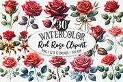 Watercolor Red Rose Clipart, an Illustration by Designking (Thumbnail 1 of 5)
