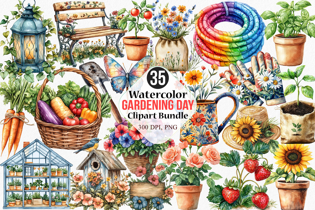 Watercolor Gardening Day Clipart, an Illustration by Canvas Craft (Photo 1 of 7)