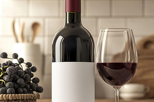 Bottle Of Red Wine With Blank Label And A Glass On A Kitchen Cou, a Food & Drink Photo by AlyaAnd