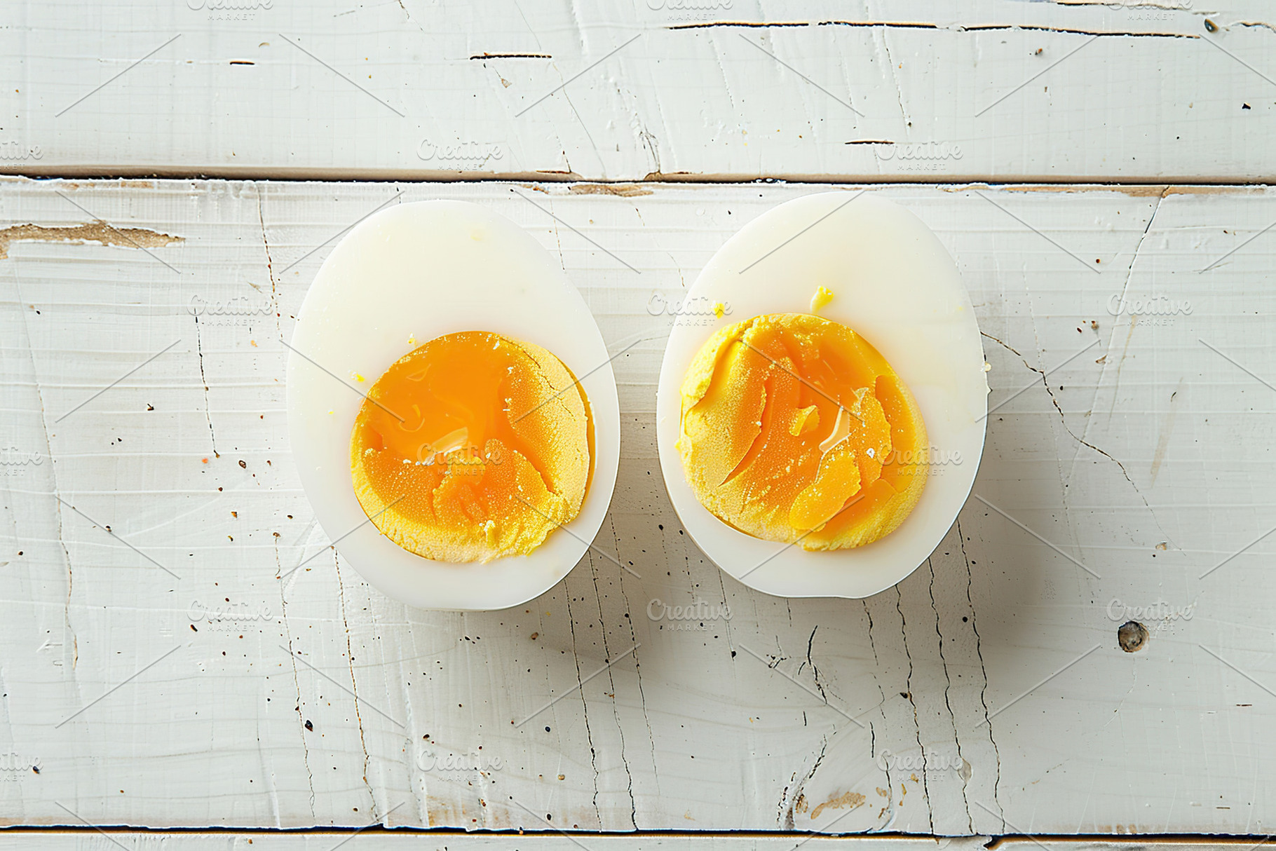 Boiled eggs on white wooden table, a Food & Drink Photo by AlyaAnd