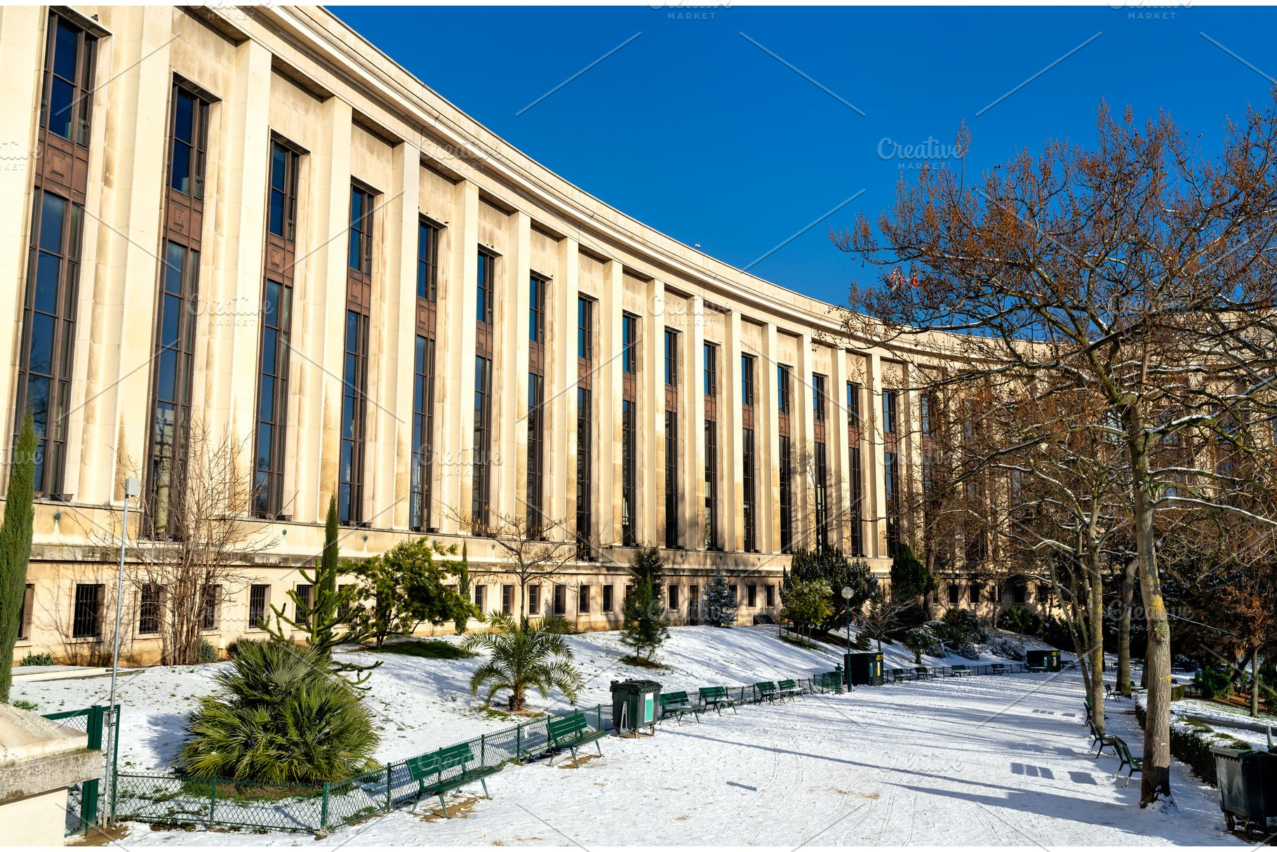 Palais de Chaillot facade and snow covered Trocadero gardens in Paris, an Architecture Photo by Leonid Andronov