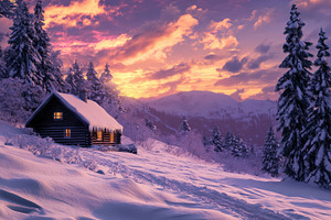 Serene winter cabin at sunset surrou, a Photo by Iftikhar Alam