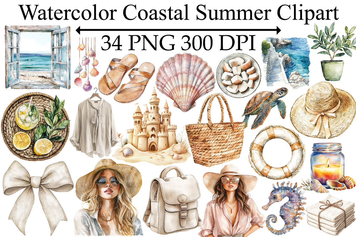 Watercolor Coastal Summer Clipart, an Illustration by Design Market (Photo 1 of 5)