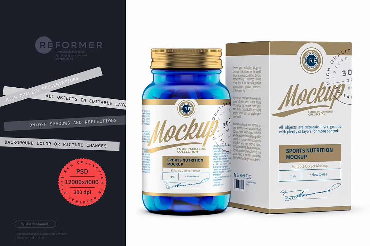 Bottle 45 Pills & Box Mockup, a Packaging Mockup by Reformer Mockup (Photo 1 of 6)