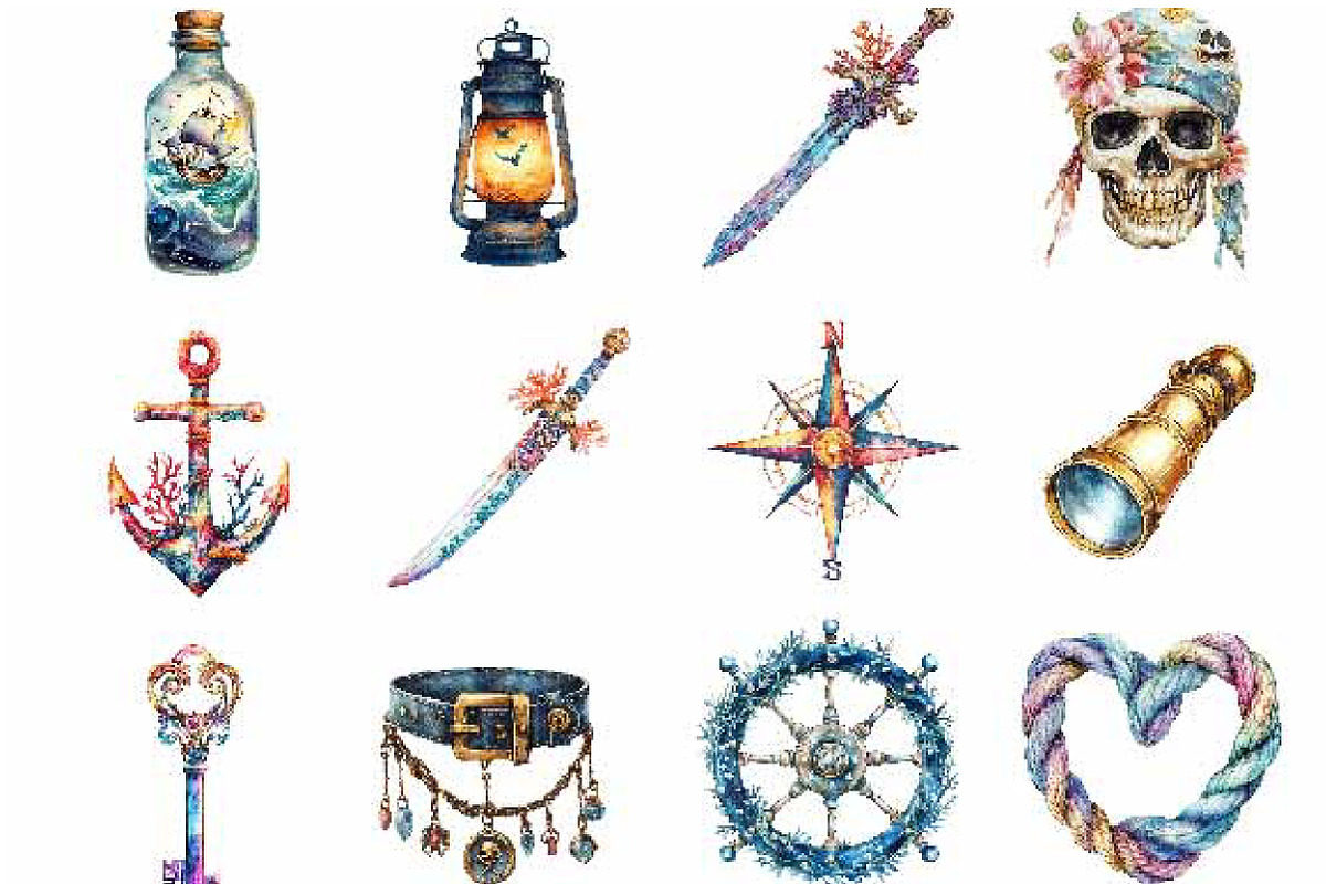 Watercolor Piratecore Clipart, an Illustration by Designking (Photo 2 of 5)