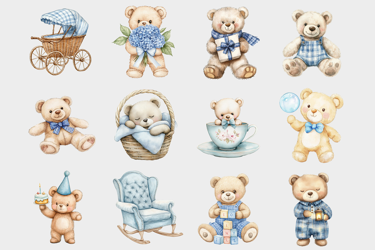 Watercolor Blue Teddy Bear Clipart, a Seasonal Illustration by Design Market (Photo 2 of 5)