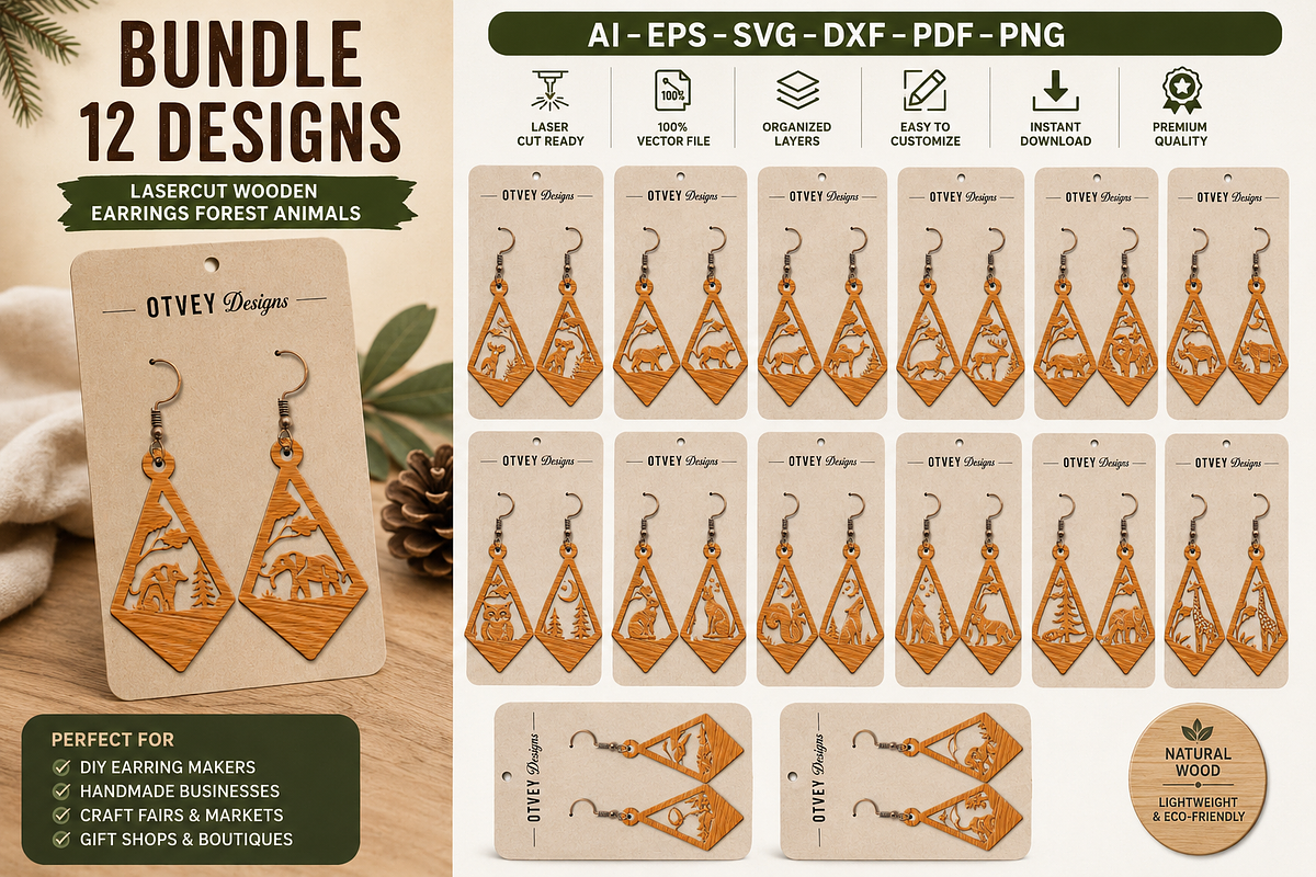 Lasercut Wooden Earrings Animals, an Object Graphic by OTVEY DESIGN (Photo 1 of 13)