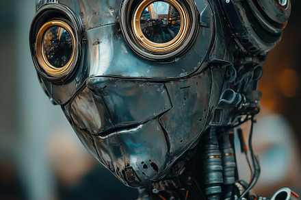 A close-up of a futuristic robot with large, round eyes and a metallic surface., a Person Photo by Textures & Backgrounds