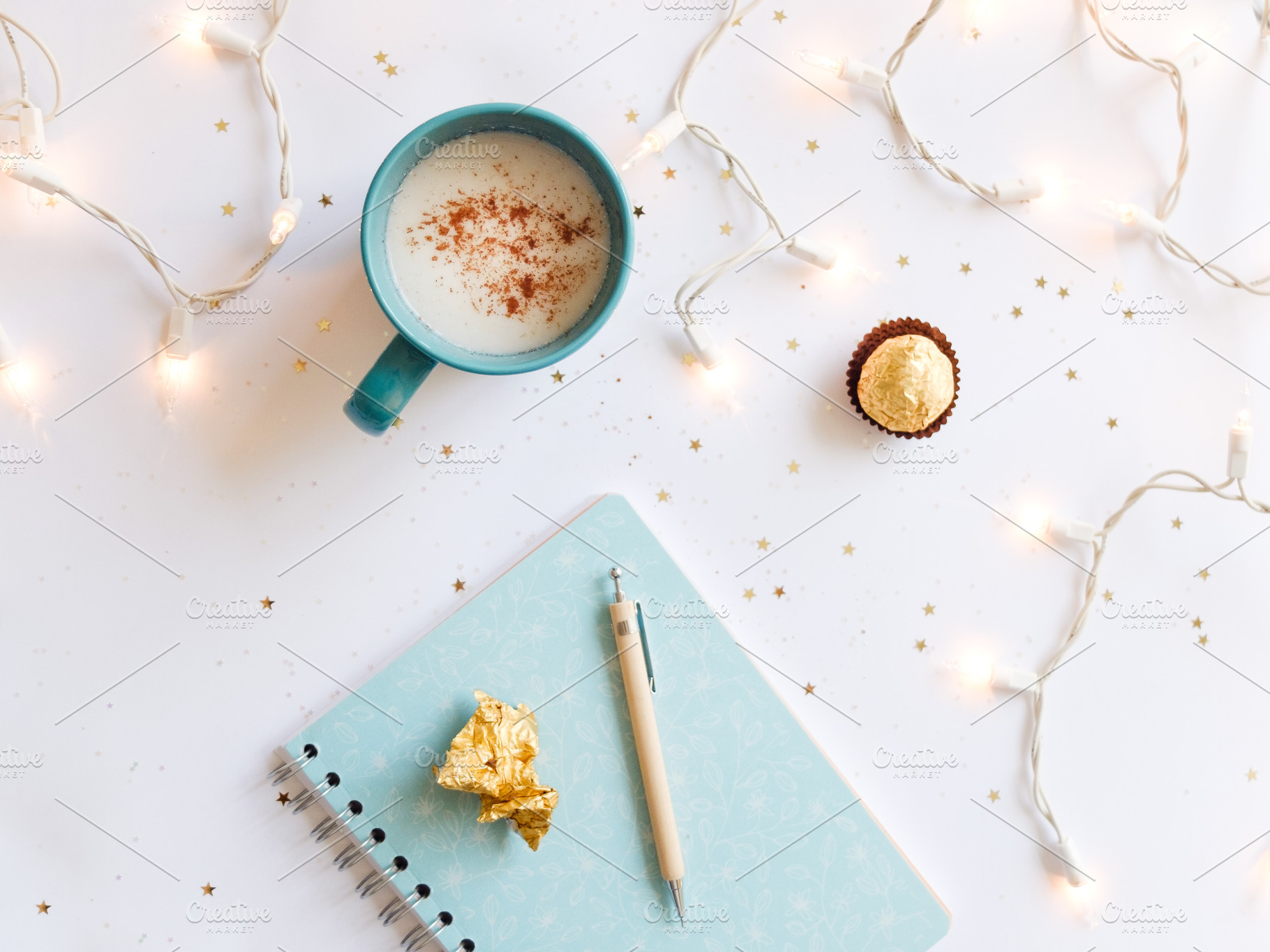 Flat lay with lights and eggnog, a Holiday Photo by Visual Bloom