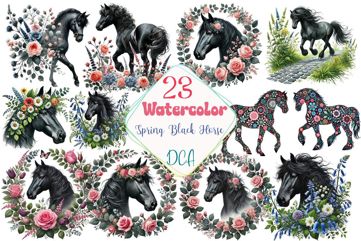 Watercolor Spring Black Horse, an Illustration by DreamCafeArt (Photo 1 of 4)