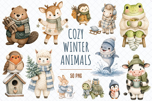 Cozy Winter Animals Clipart - 50 PNG