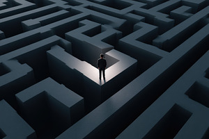 Businessman at crossroads in a dark maze, an Abstract Photo by AlyaAnd