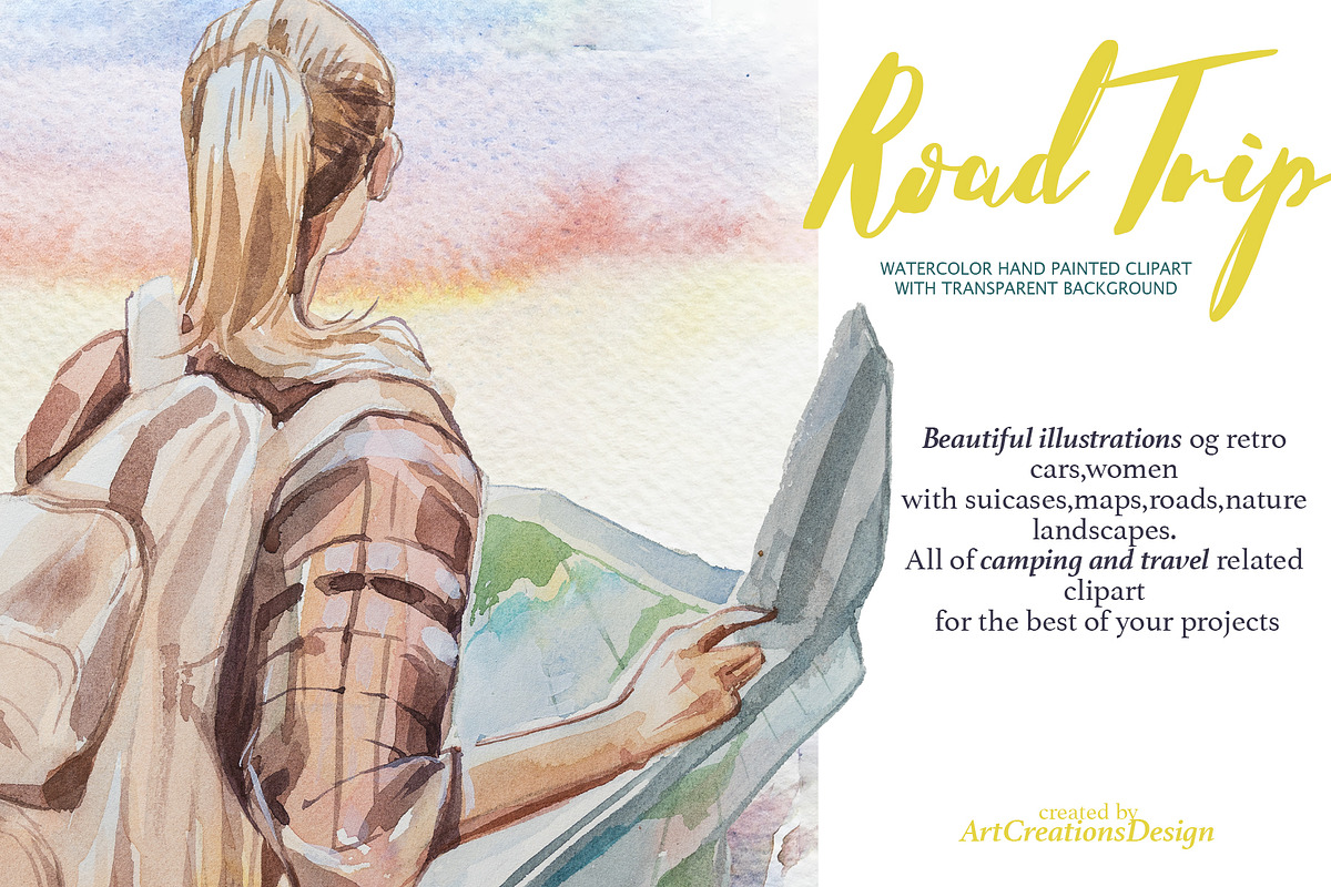 Watercolor Road Trip Clipart Set, a Person Illustration by ArtCreationsDesign (Photo 13 of 19)