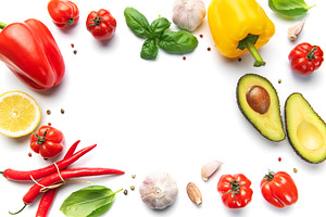 Fresh healthy vegetables for cooking on white background, a Food & Drink Photo by Olena Rudo
