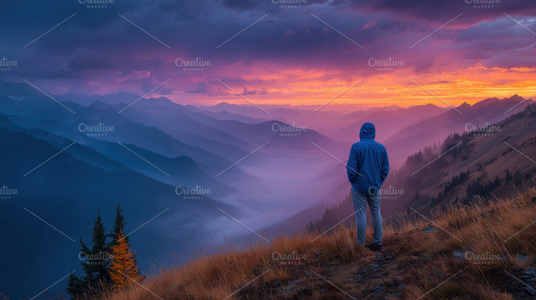 Majestic Mountain Sunset Solo Hiker, a Photo by Pixeness Studio