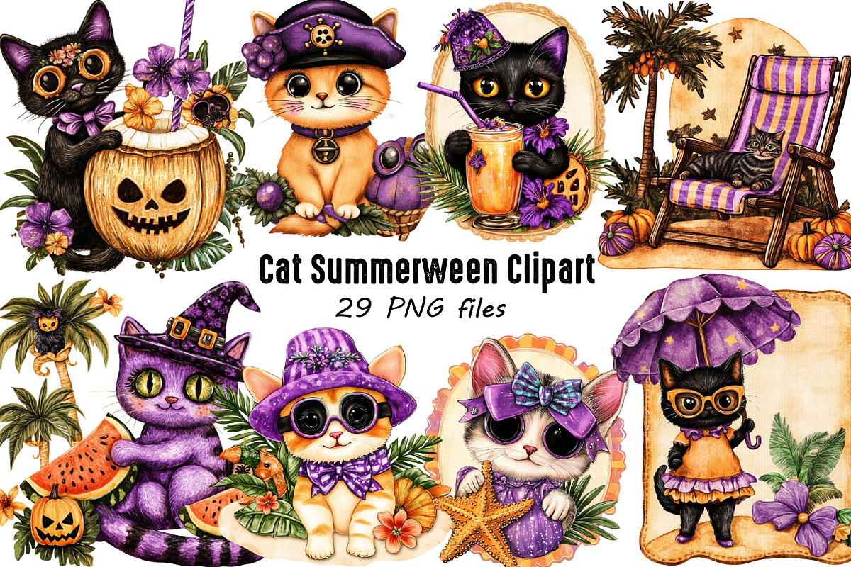 Cute Cat Summer ween Clipart, an Animal Illustration by SVGArt (Photo 1 of 3)