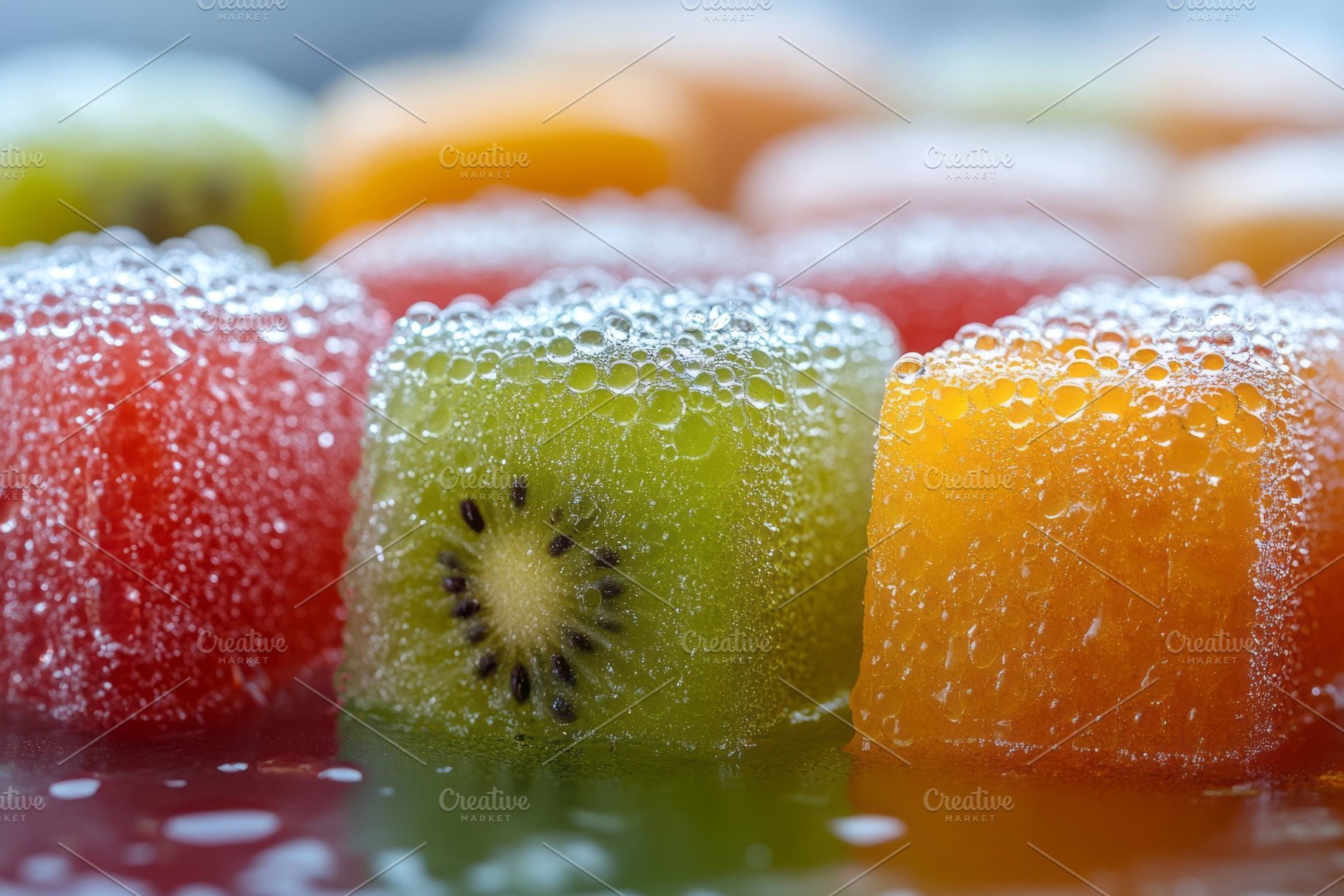 Vibrant fruit cubes in water, showcasing a refreshing mix of kiwi, watermelon,, a Background Photo by ImageMir