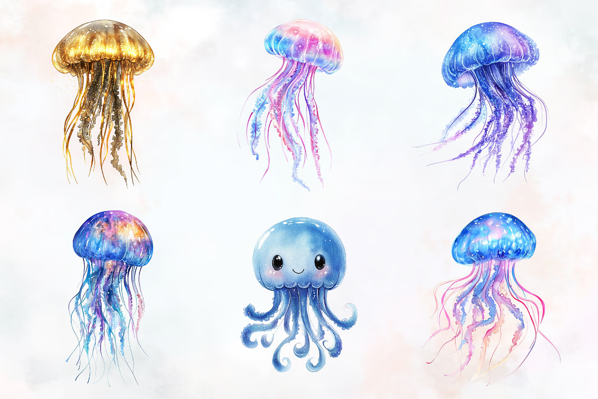 jellyfish, watercolor, cliparts, sea, an Illustration by RobertsArt (Photo 3 of 7)