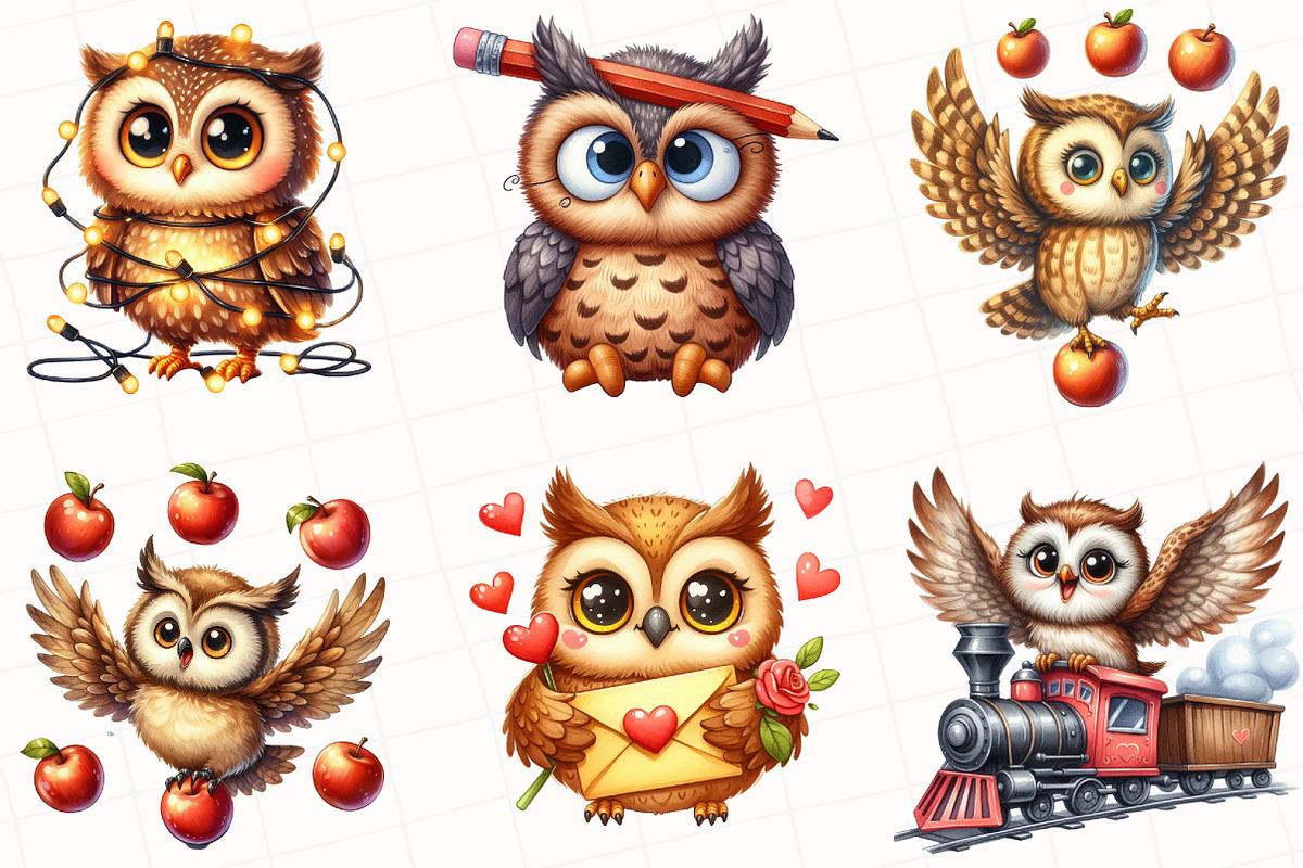 Watercolor Funny Owl Clipart, an Illustration by OK Design (Photo 4 of 5)