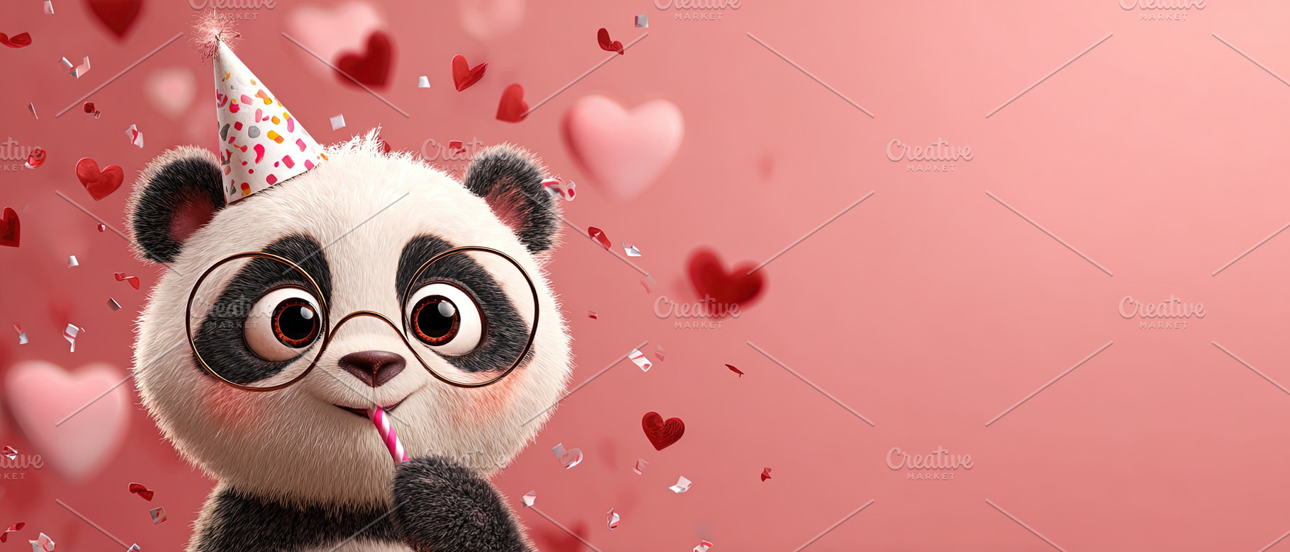Adorable cartoon panda wearing a party hat with heart confetti o, an Animal Photo by Ales Munt