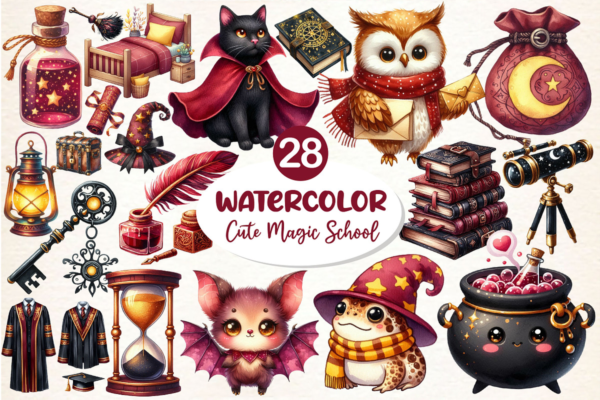 Cute Magic School Watercolor Clipart, an Illustration by Dream Creation (Photo 1 of 6)