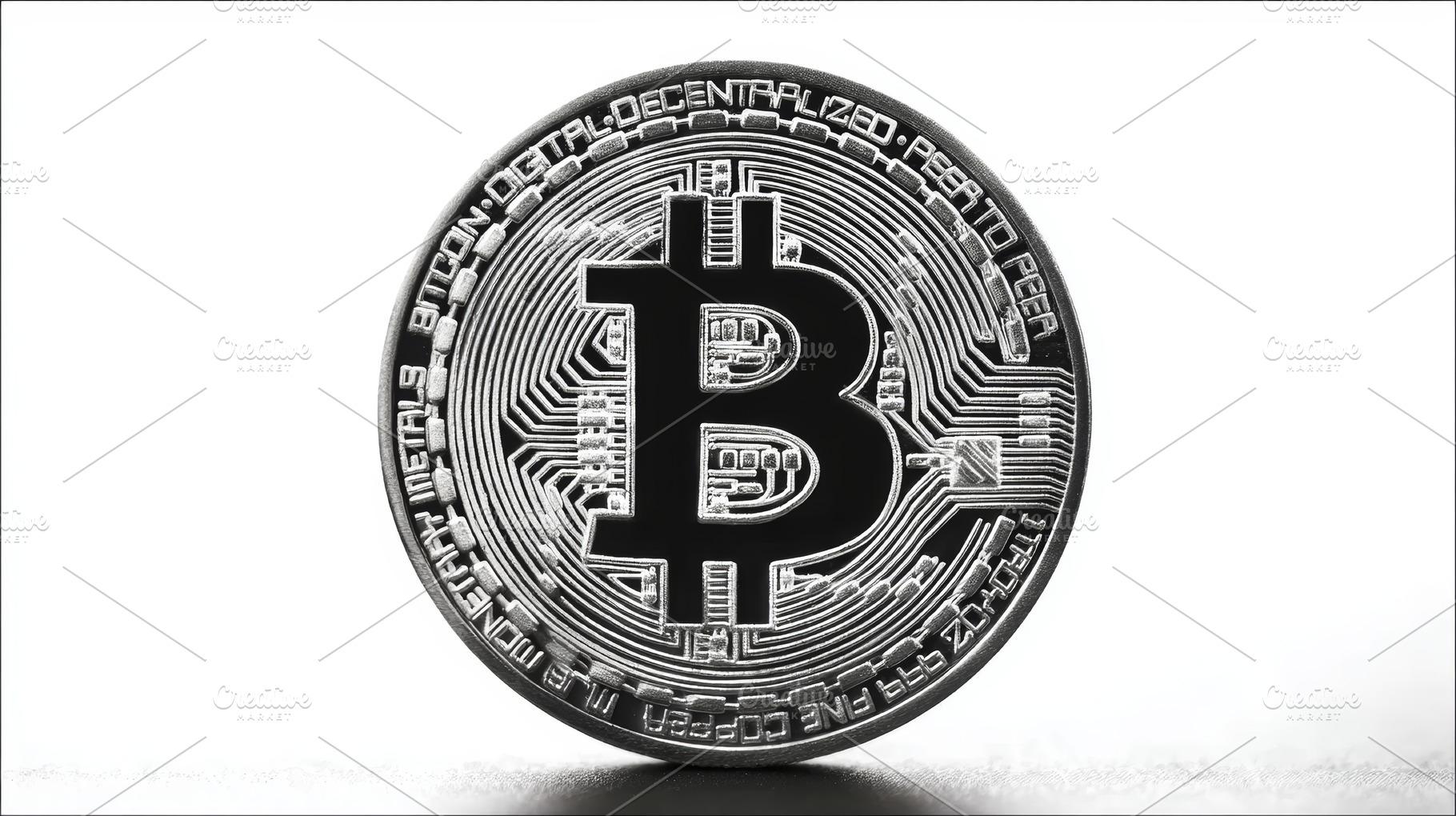 Close-up of a silver Bitcoin cryptocurrency coin on white background representi, a Photo by AS photostudio