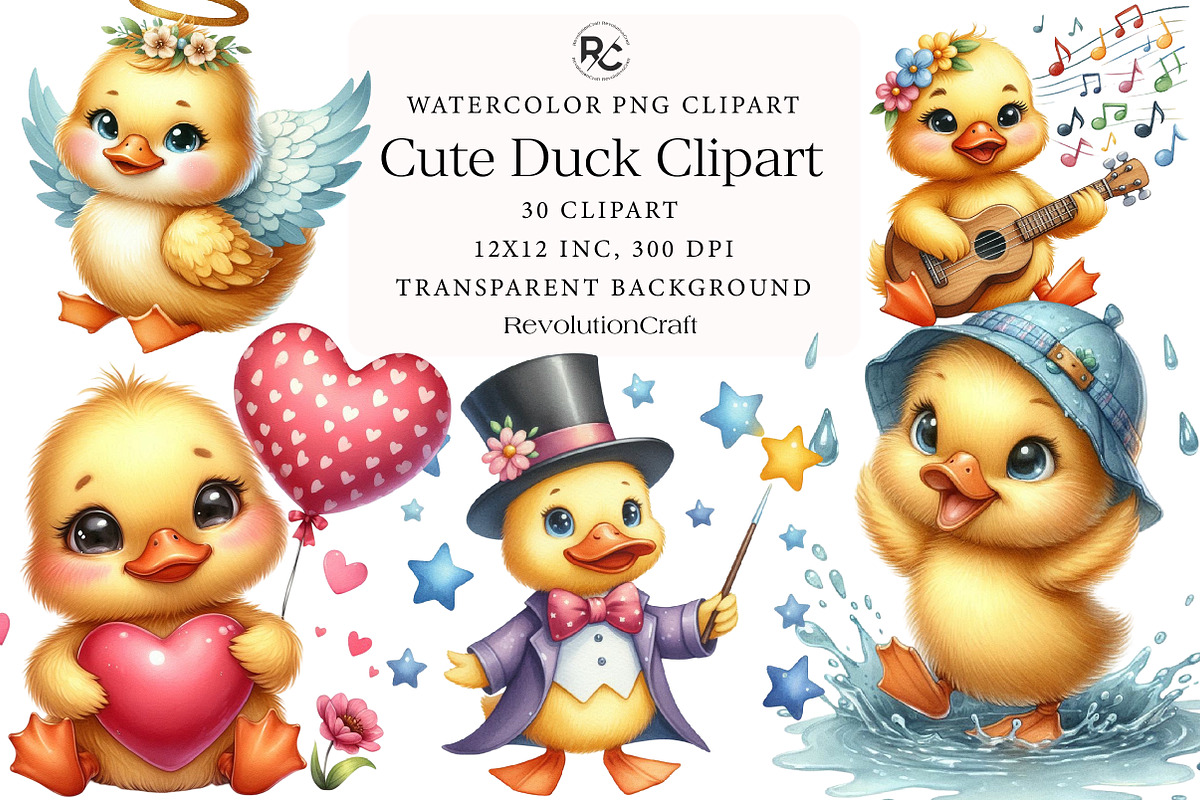 Watercolor Cute Duck Clipart, an Illustration by OK Design (Photo 1 of 5)