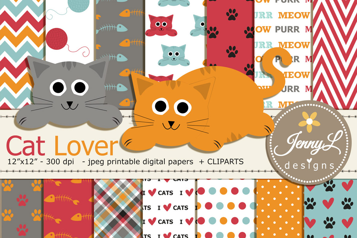 Cat Lover Digital Paper and Clipart, a Pattern Graphic by JennyL Designs (Photo 1 of 4)