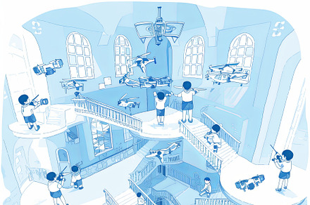 Children flying remote control drones in an imaginative indoor setting, an Illustration by AS photostudio