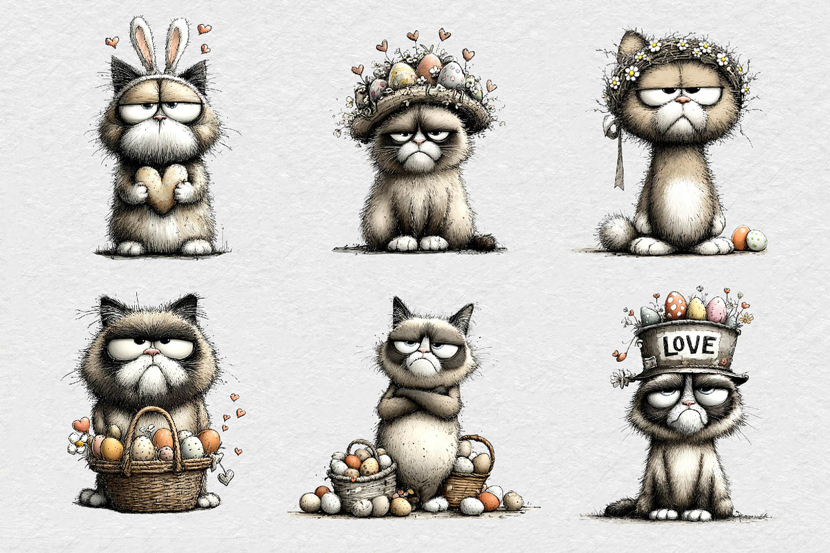 Quirky Easter Grumpy Cat Clipart, an Illustration by DreamCafeArt (Photo 4 of 6)