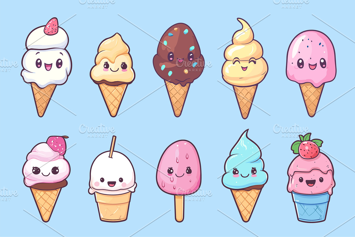 kawaii Ice cream cartoon set. Frozen, a Food Illustration by Stock-Smart-Start