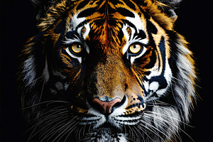 Majestic tiger face with piercing golden eyes in darkness, an Animal Photo by GoodGoods