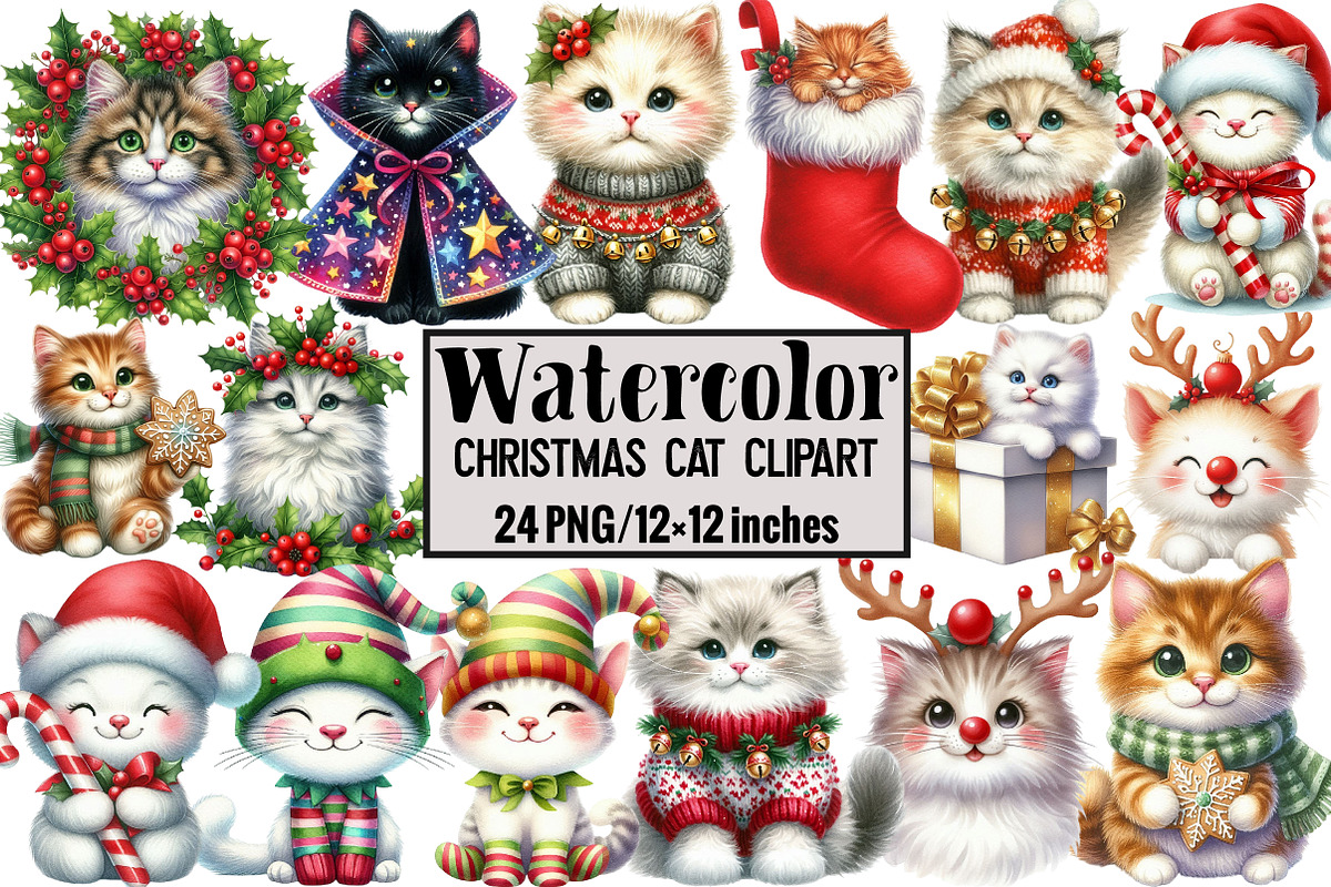 Christmas Cat Clipart, an Illustration by Design Market (Photo 1 of 5)