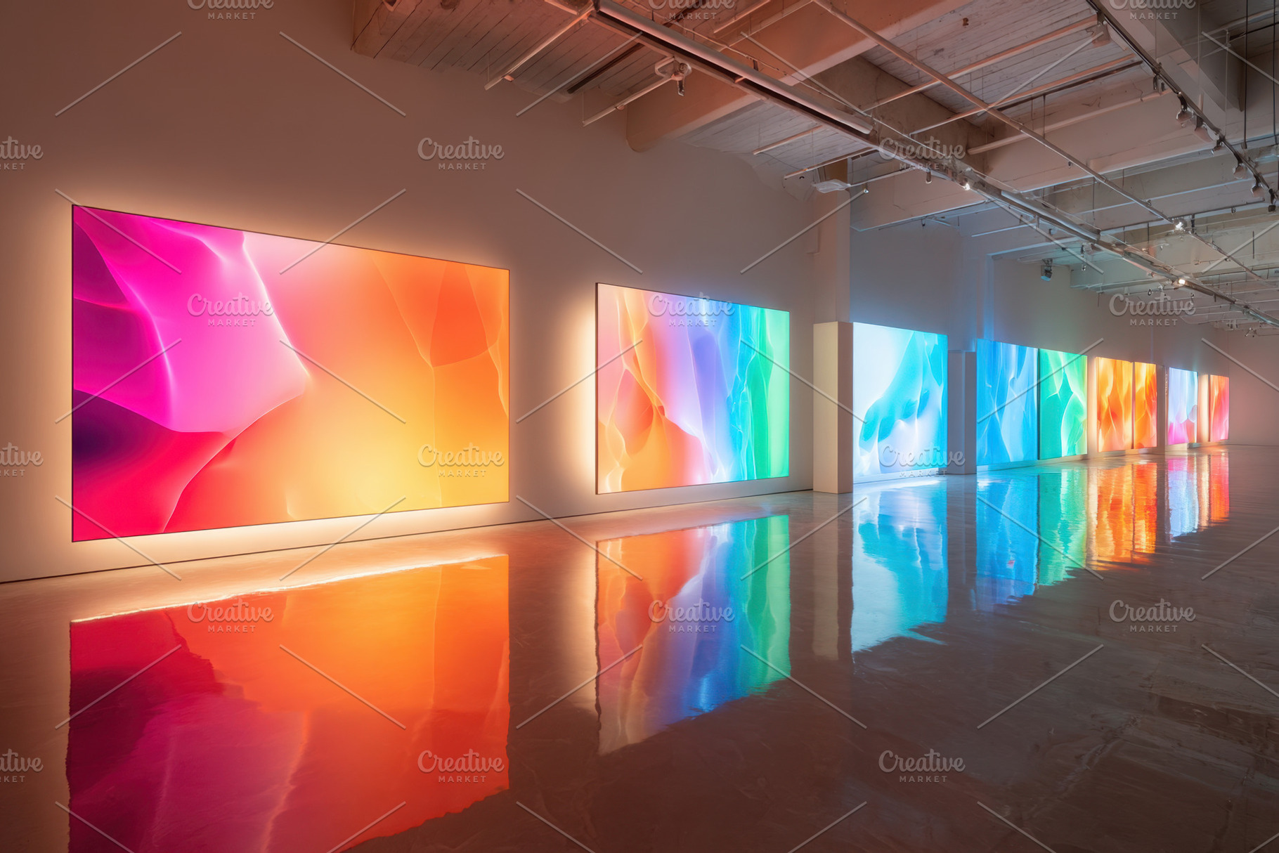 Futuristic hallway with digital art displays, an Abstract Photo by AlyaAnd