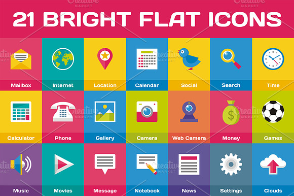 21 Bright Flat Icons