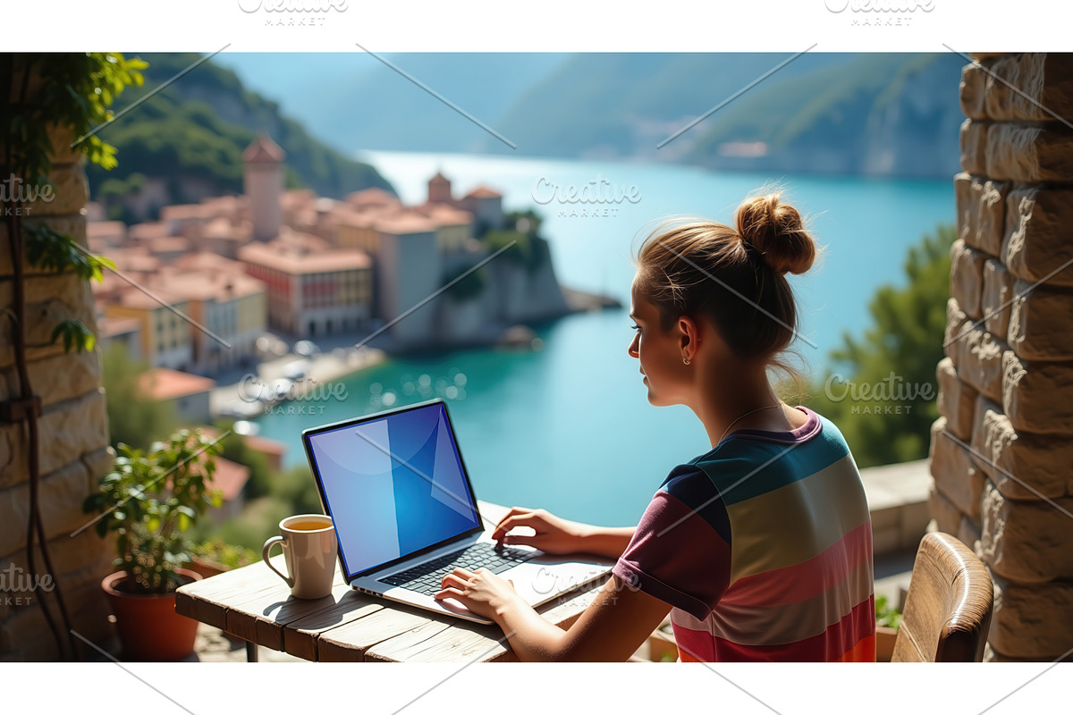 Woman working on a laptop outdoors, an Illustration by tilialucida