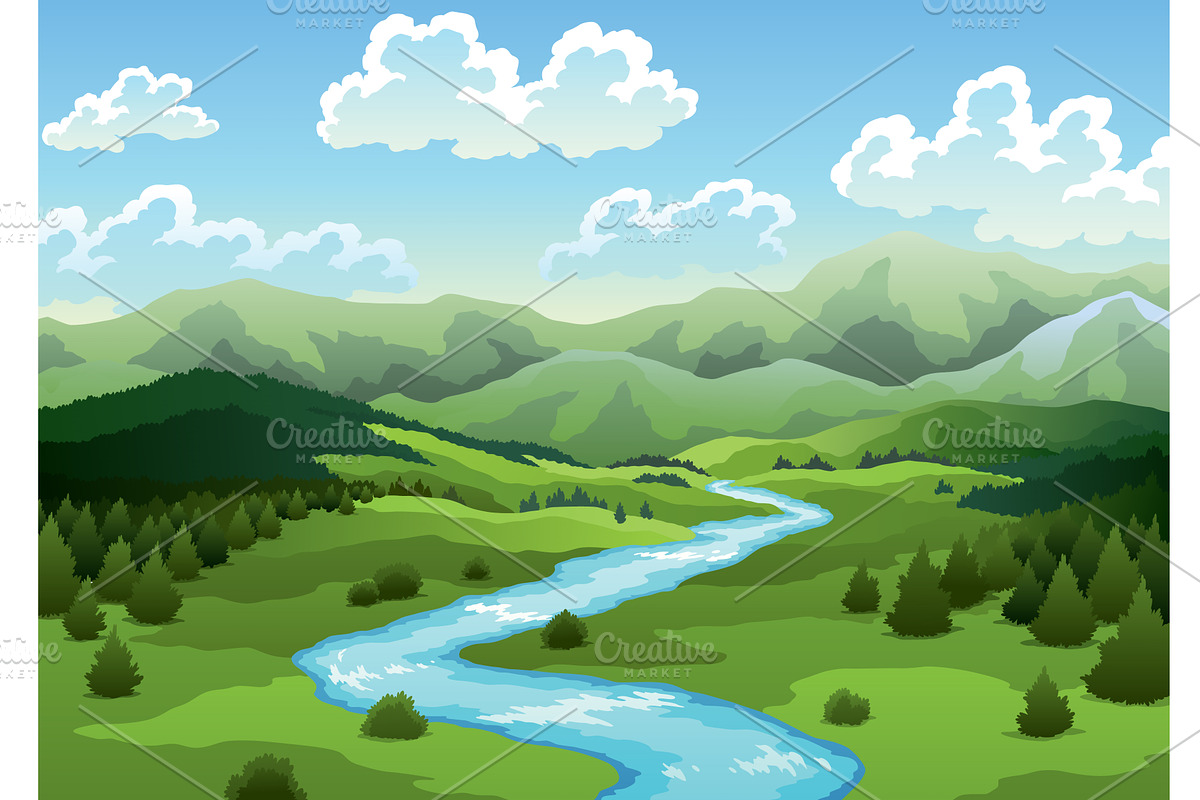 River landscape with green hill, an Illustration by the8monkey